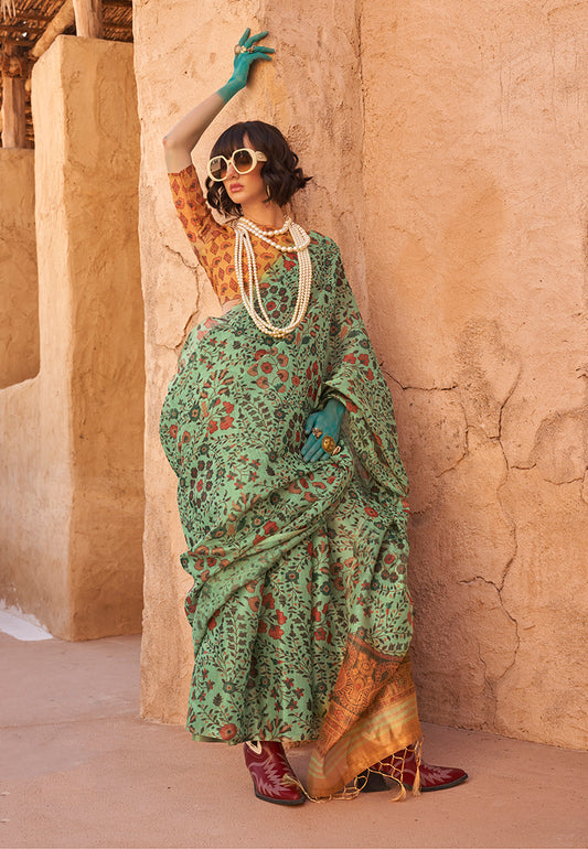 Sea green floral print saree