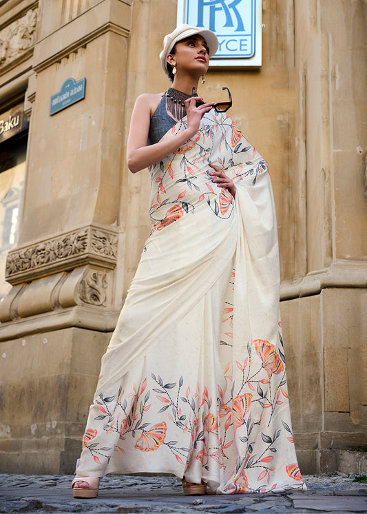 Off white floral print saree