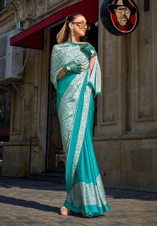 Sea green dots print saree