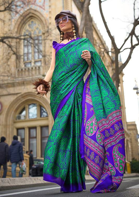 Royal blue floral print saree