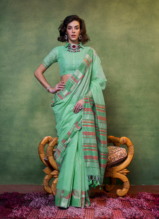 Light green resham woven saree