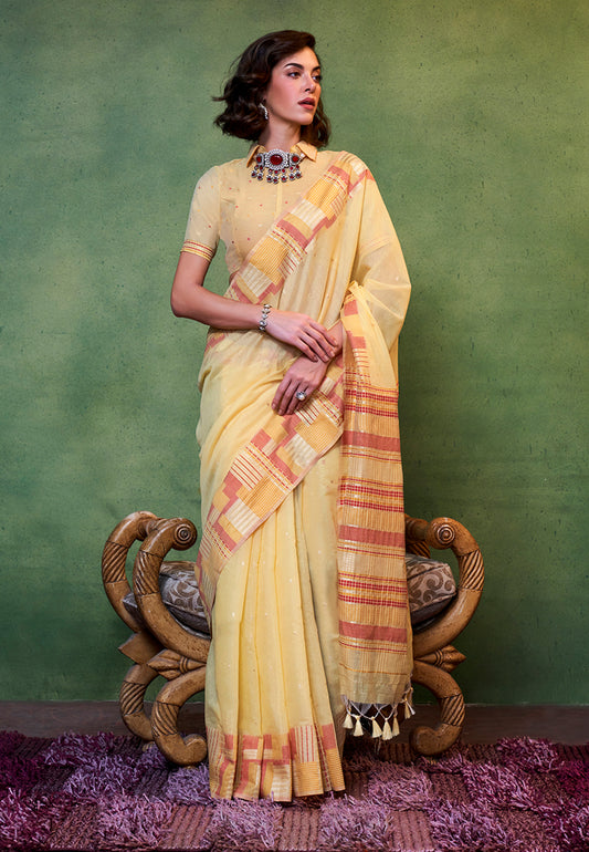 Light yellow resham woven saree