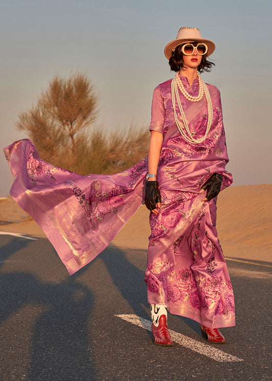 Dark magenta floral print saree