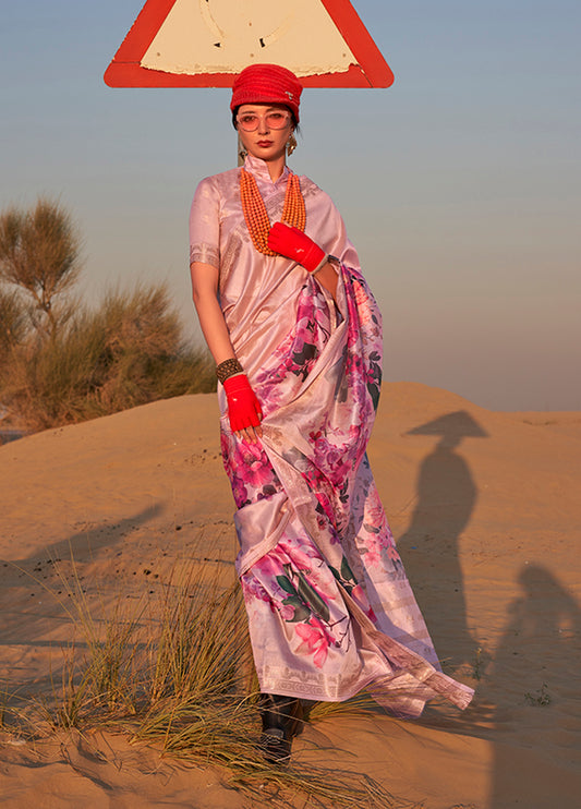 Beige floral print saree