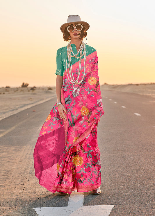 Pink floral print saree