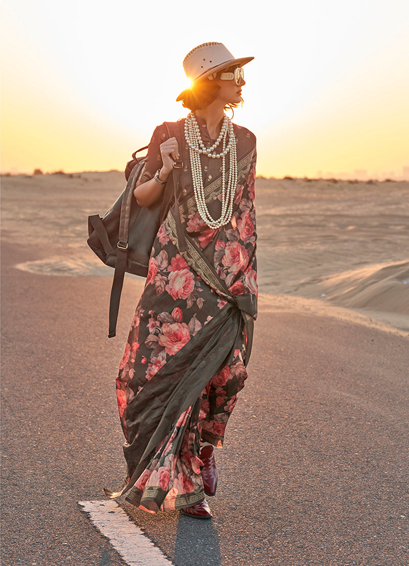 Black floral print saree