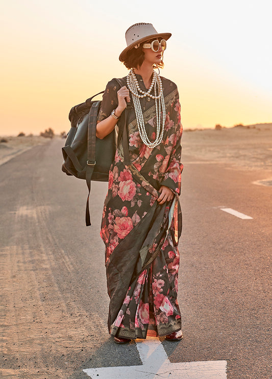 Black floral print saree