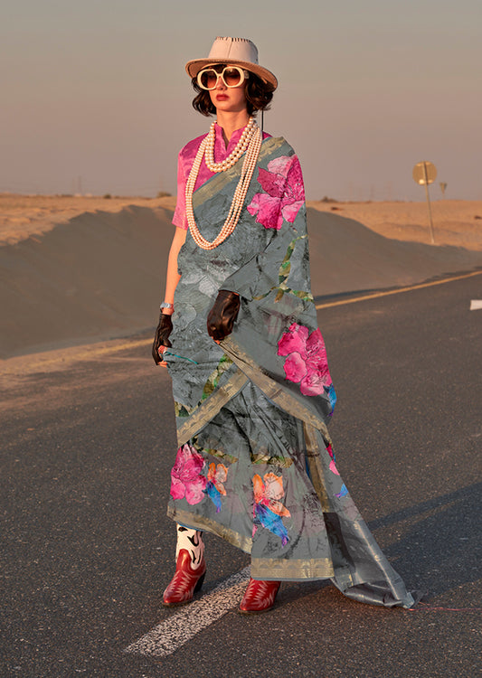 Grey floral print saree