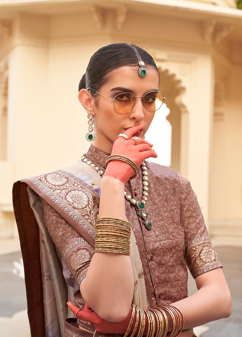 Beige Floral Print Silk Saree
