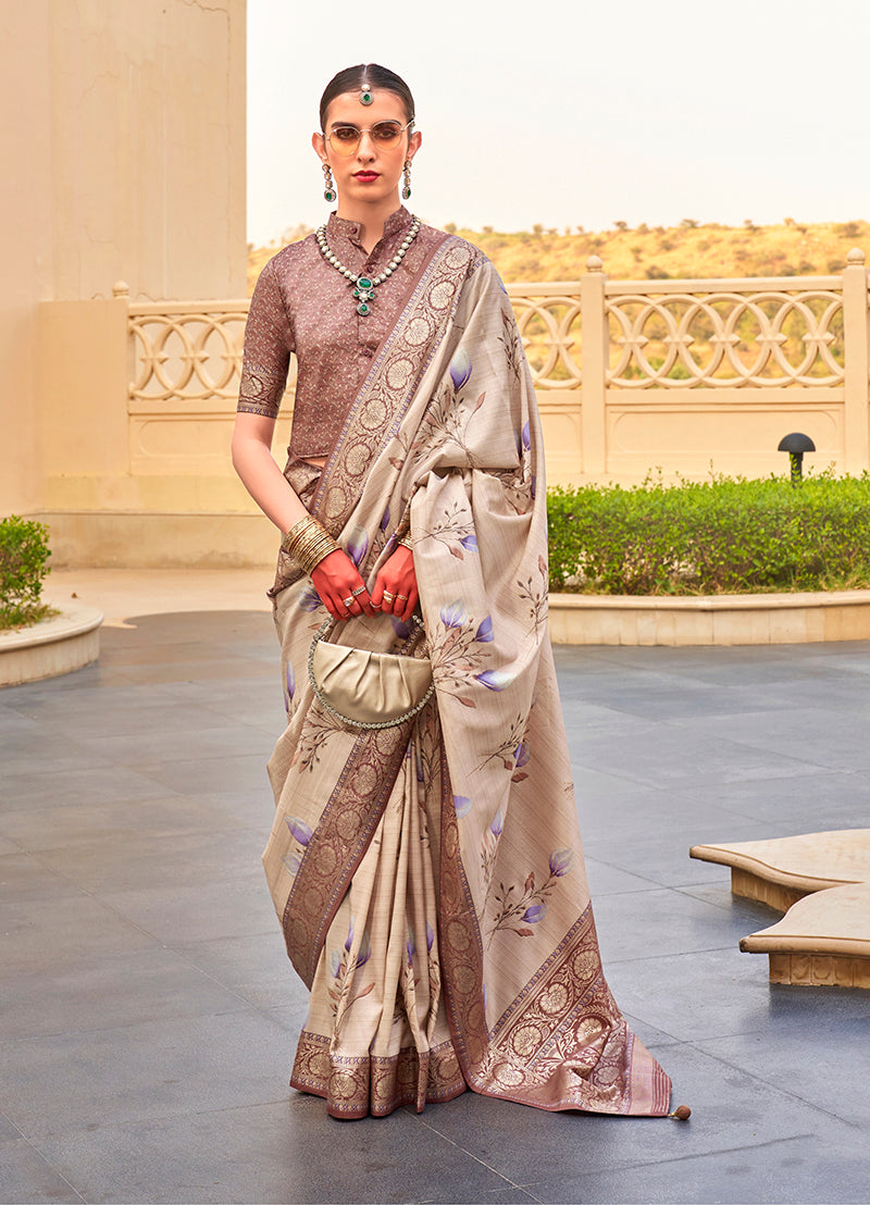 Beige Floral Print Silk Saree