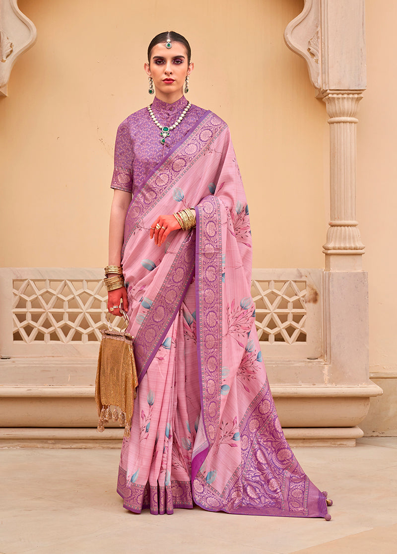 Baby_Pink Floral Print Silk Saree