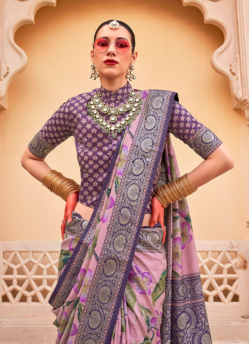 Baby_Pink Floral Print Silk Saree