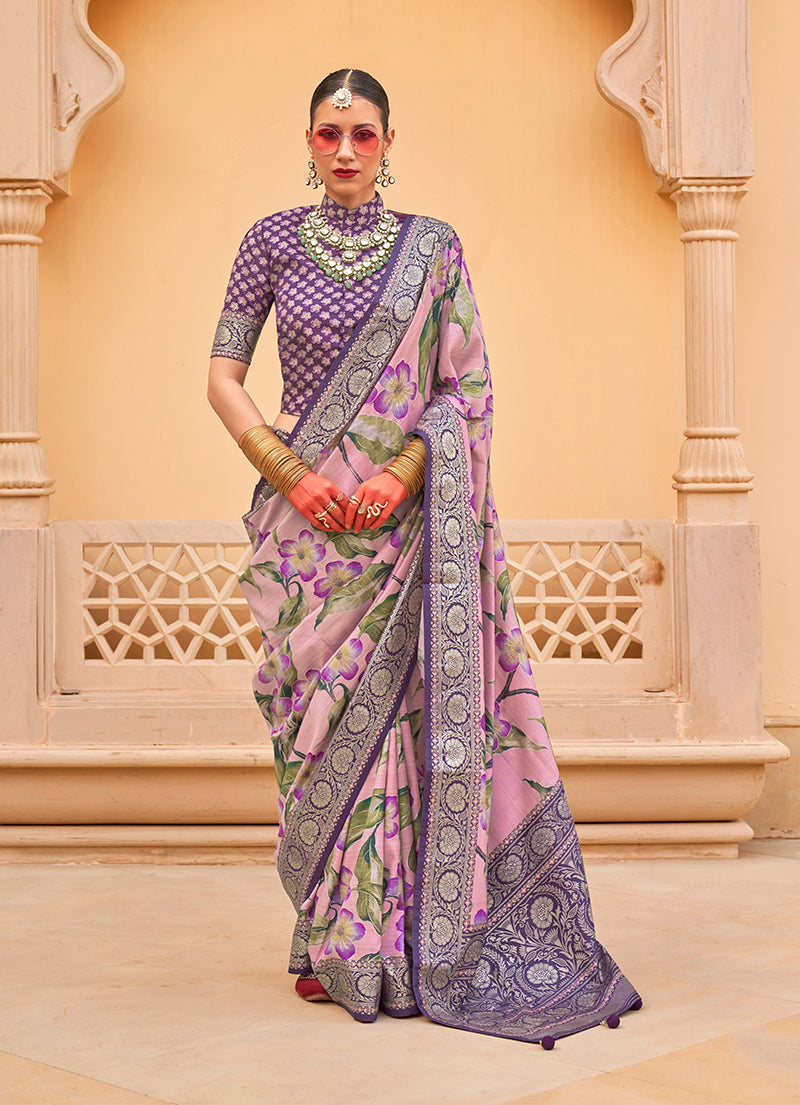 Baby_Pink Floral Print Silk Saree