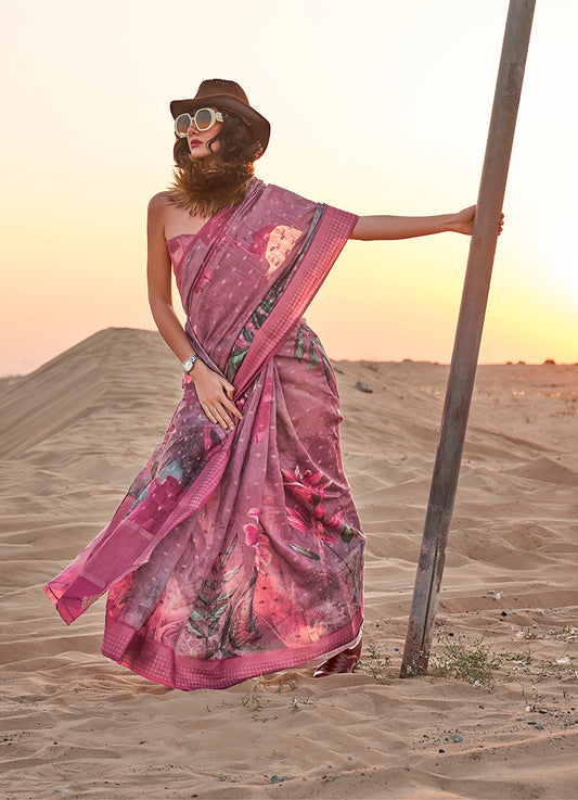 Mauve floral print saree