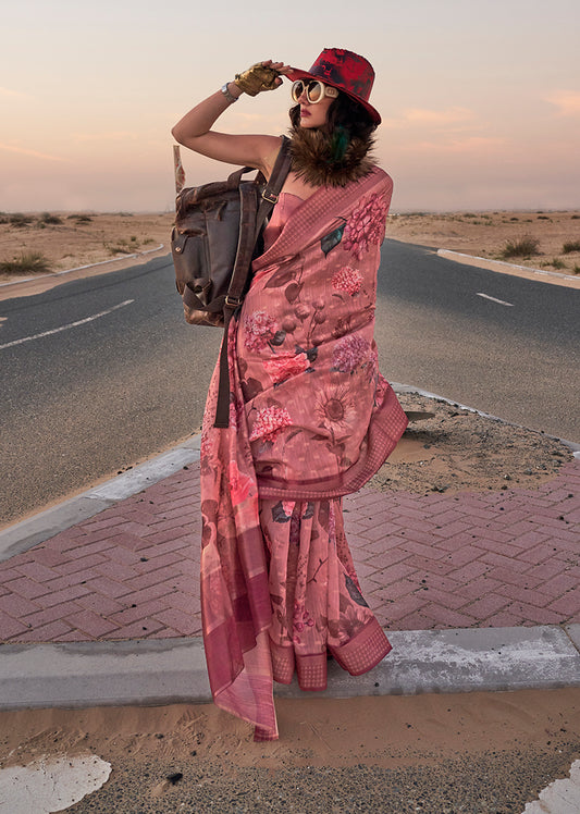 Rust floral print saree