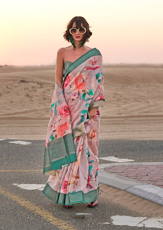 Beige floral print saree