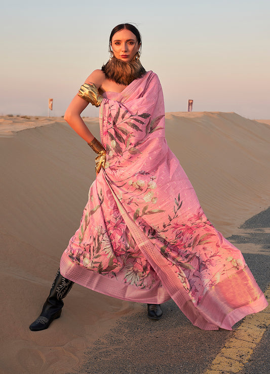 Baby pink floral print saree