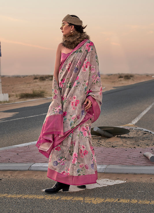 Light grey floral print saree