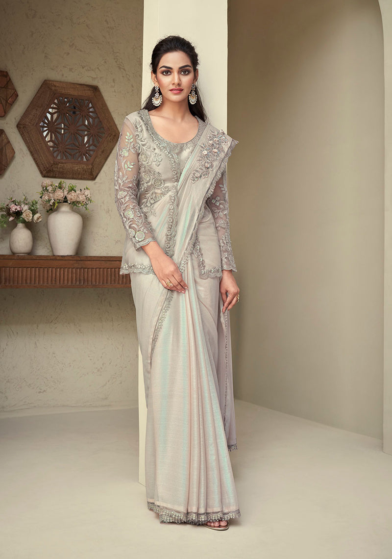 Beige Resham Embroidery Georgette Saree