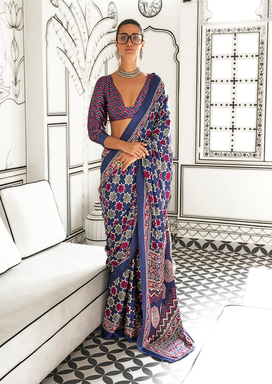 Navy blue printed saree