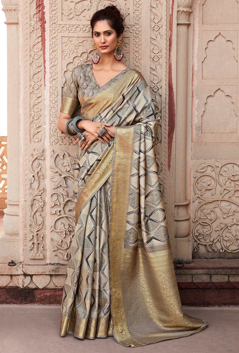 Beige Printed Art Silk Saree