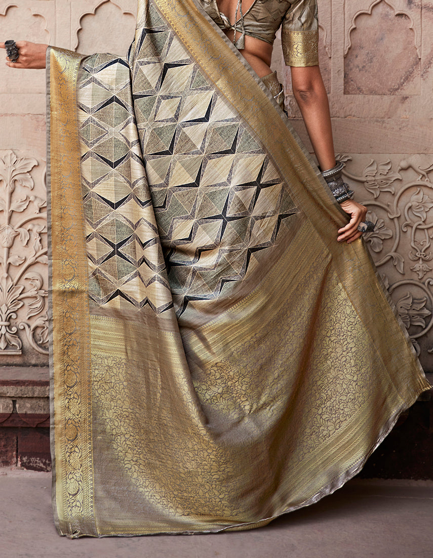 Beige Printed Art Silk Saree
