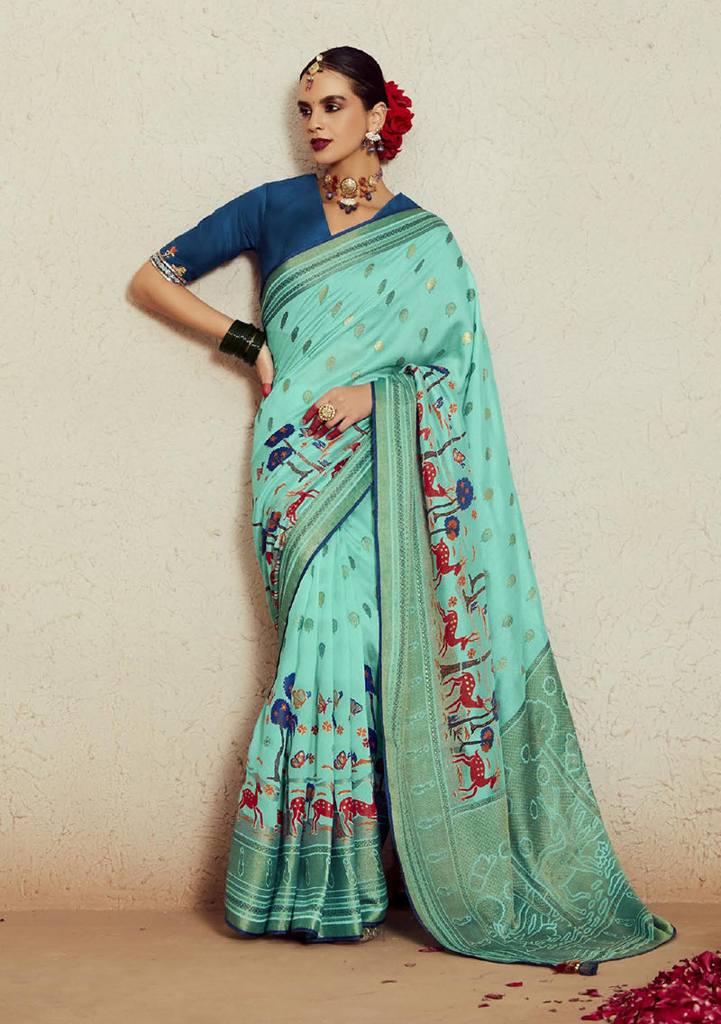 Aqua Blue Zari Woven Brasso Saree