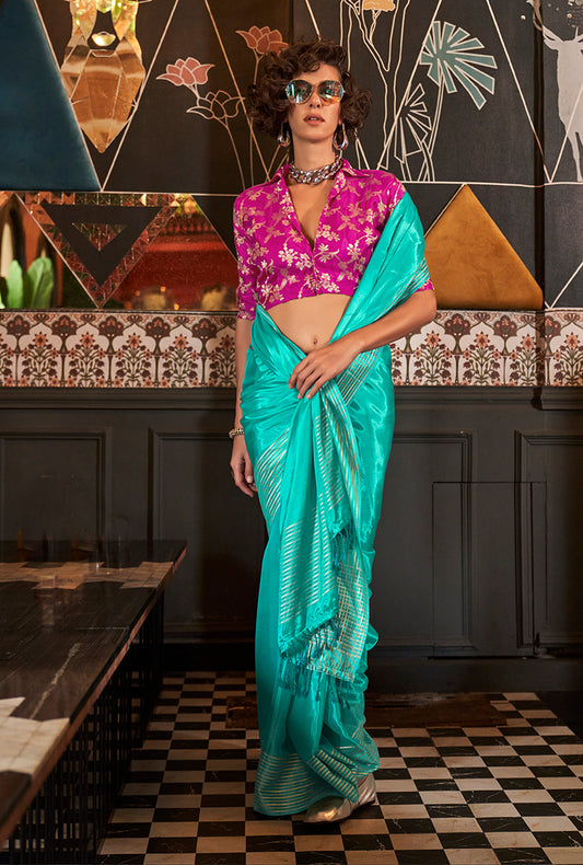 Turquoise zari woven saree