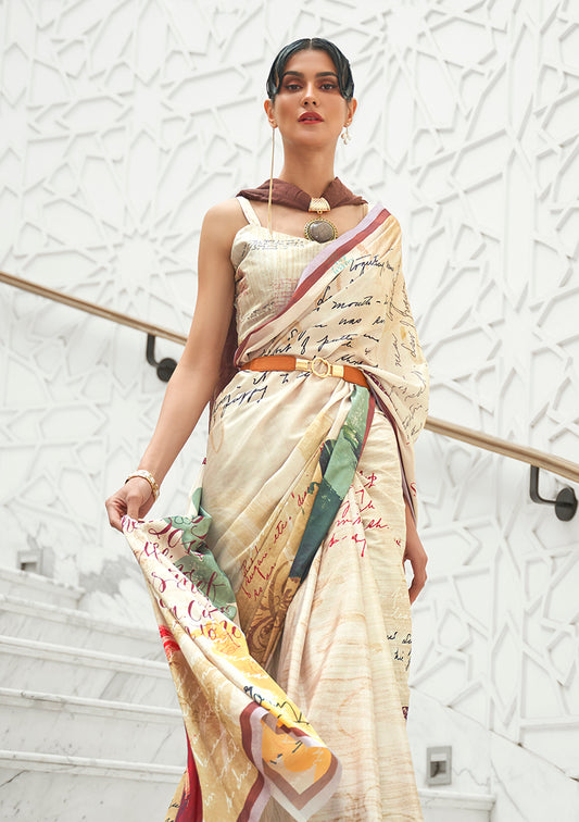 Cream digital print saree