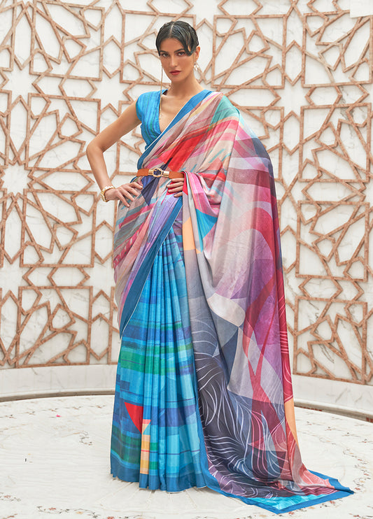 Blue digital print saree