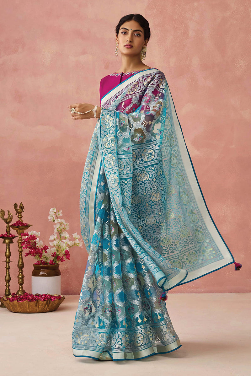 Aqua Blue Floral Print Brasso Saree