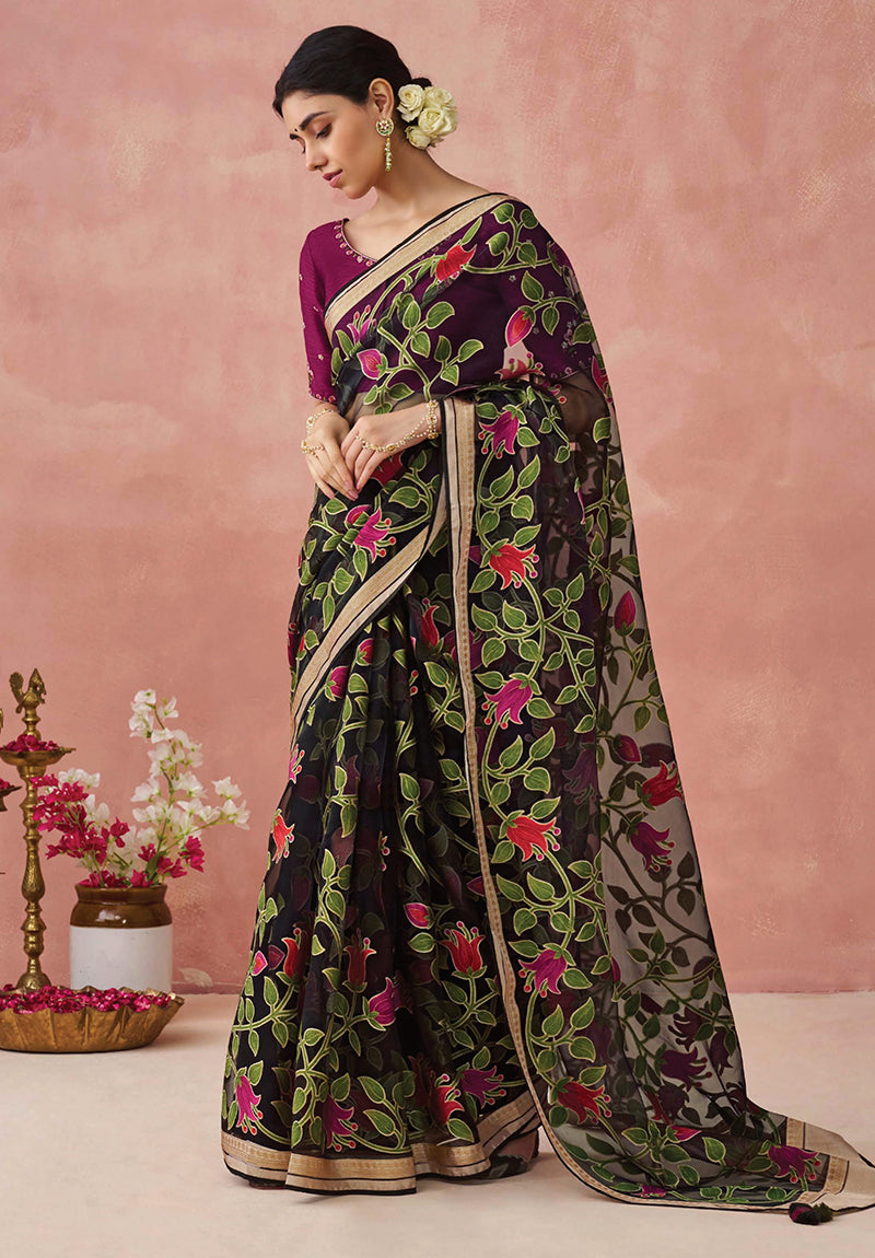 Black Floral Print Brasso Saree