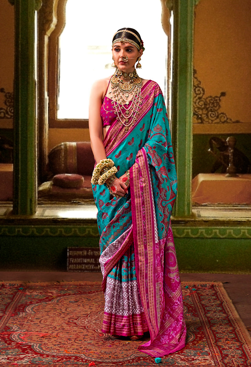 Aqua Blue Patola Silk Silk Saree