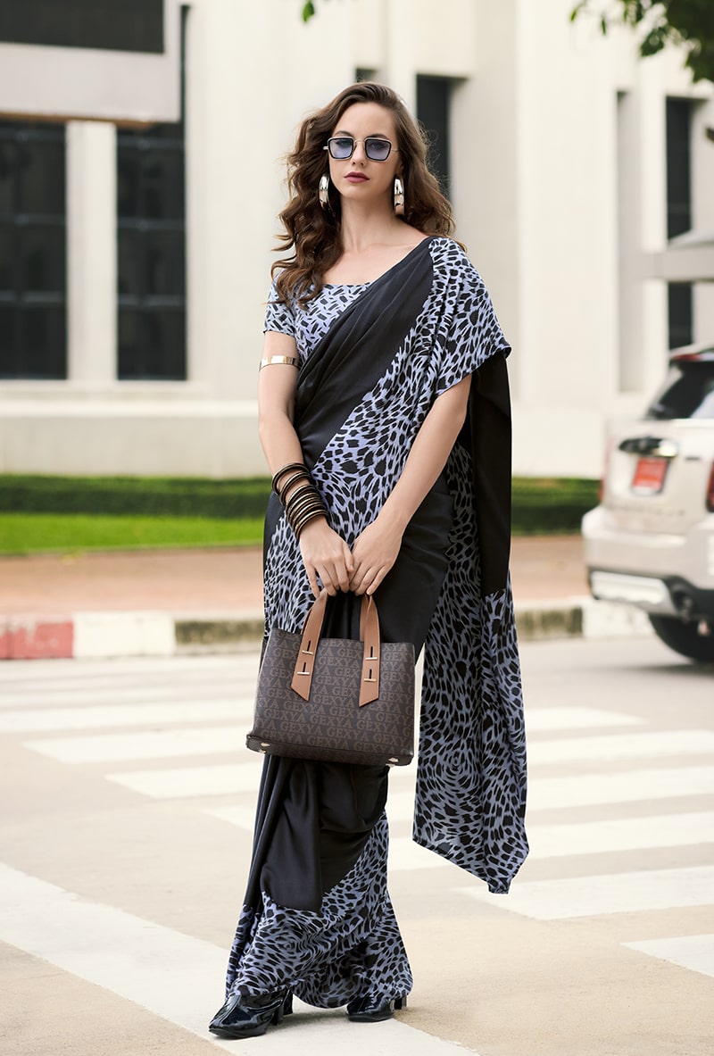 Black Printed Satin Saree