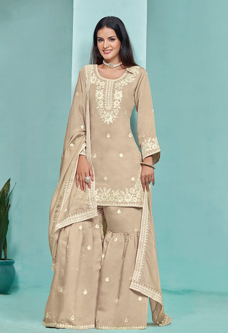 BeigeChanderi SilkEmbroideredKurta
