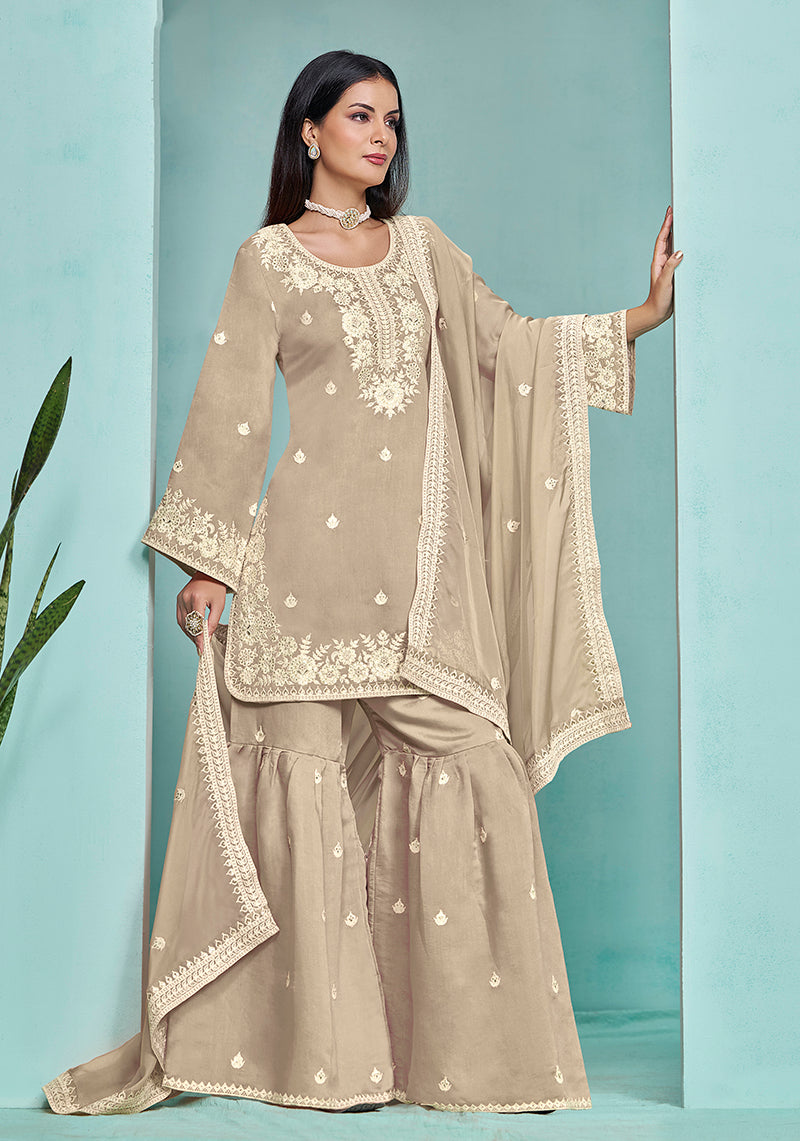 BeigeChanderi SilkEmbroideredKurta