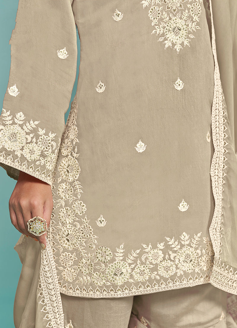BeigeChanderi SilkEmbroideredKurta