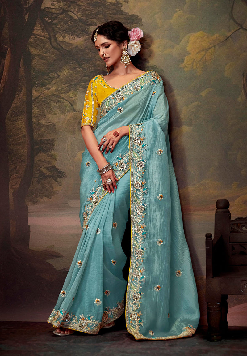 Aqua Blue Embroidered Organza Saree