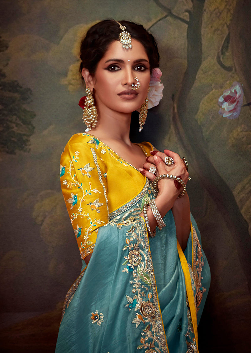 Aqua Blue Embroidered Organza Saree