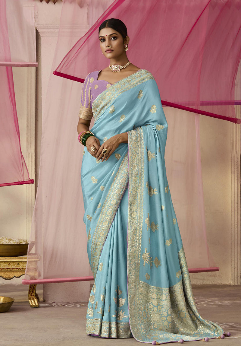 Aqua Blue Floral Print Viscose Saree