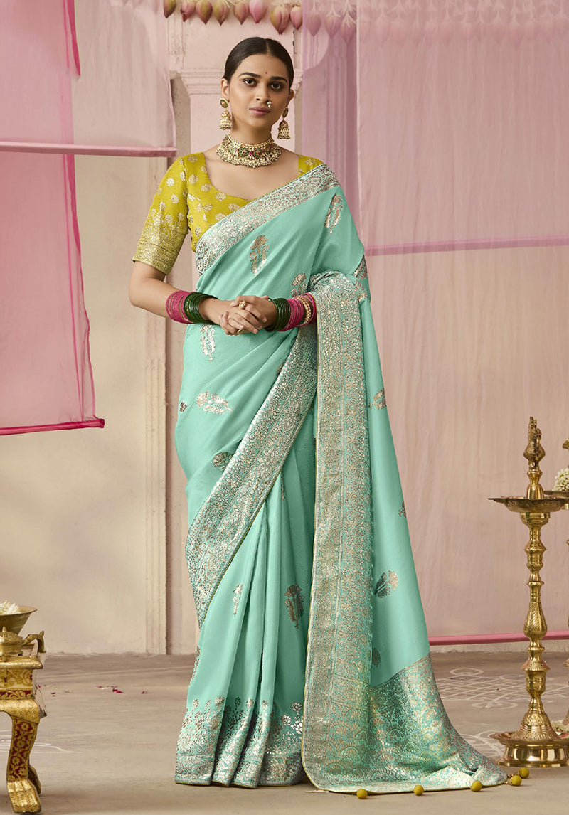 Aqua Blue Floral Print Viscose Saree