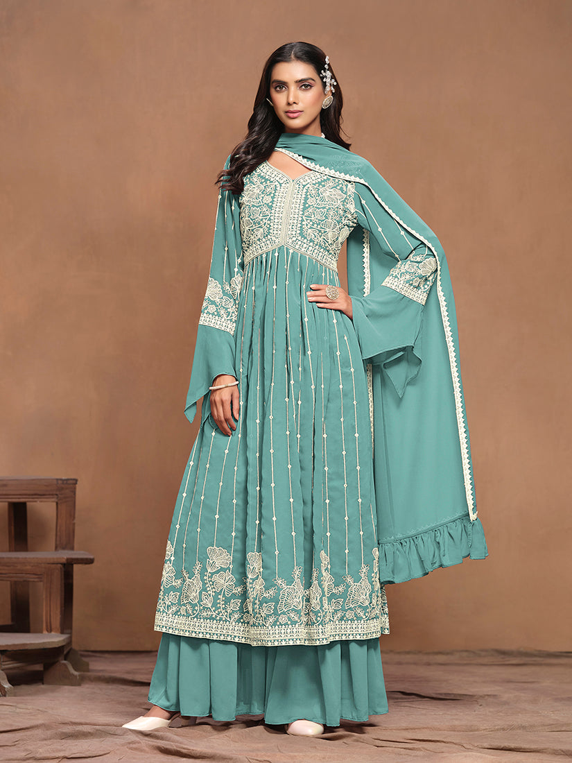 TurquoiseFaux_GeorgetteEmbroideredKurta