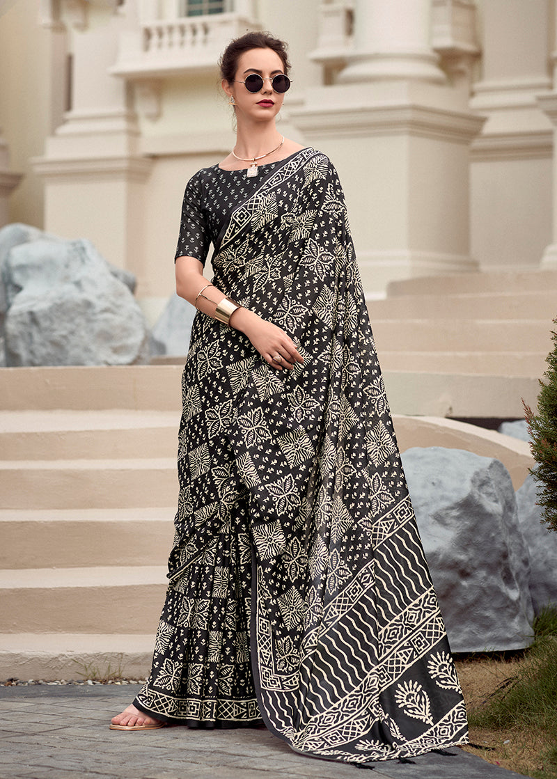 Black Printed Pure Silk Saree