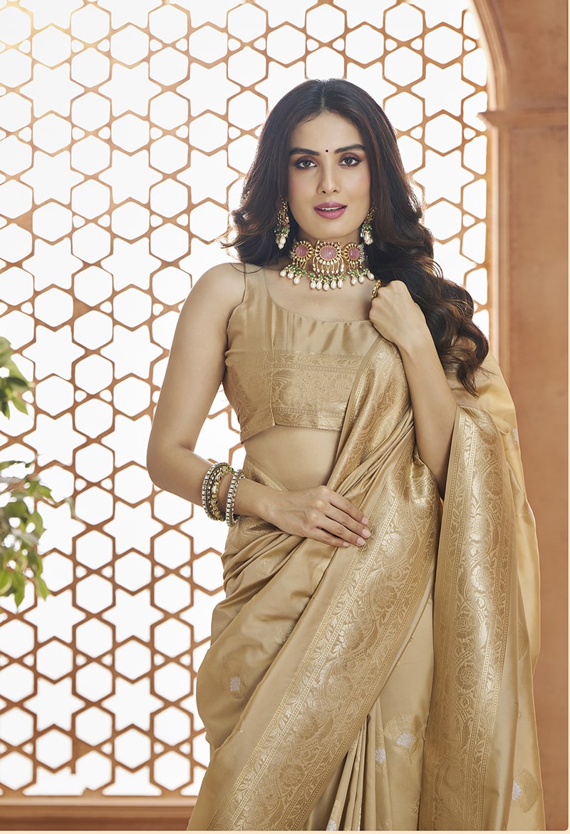 Beige Weaving Print Banarasi Silk Saree