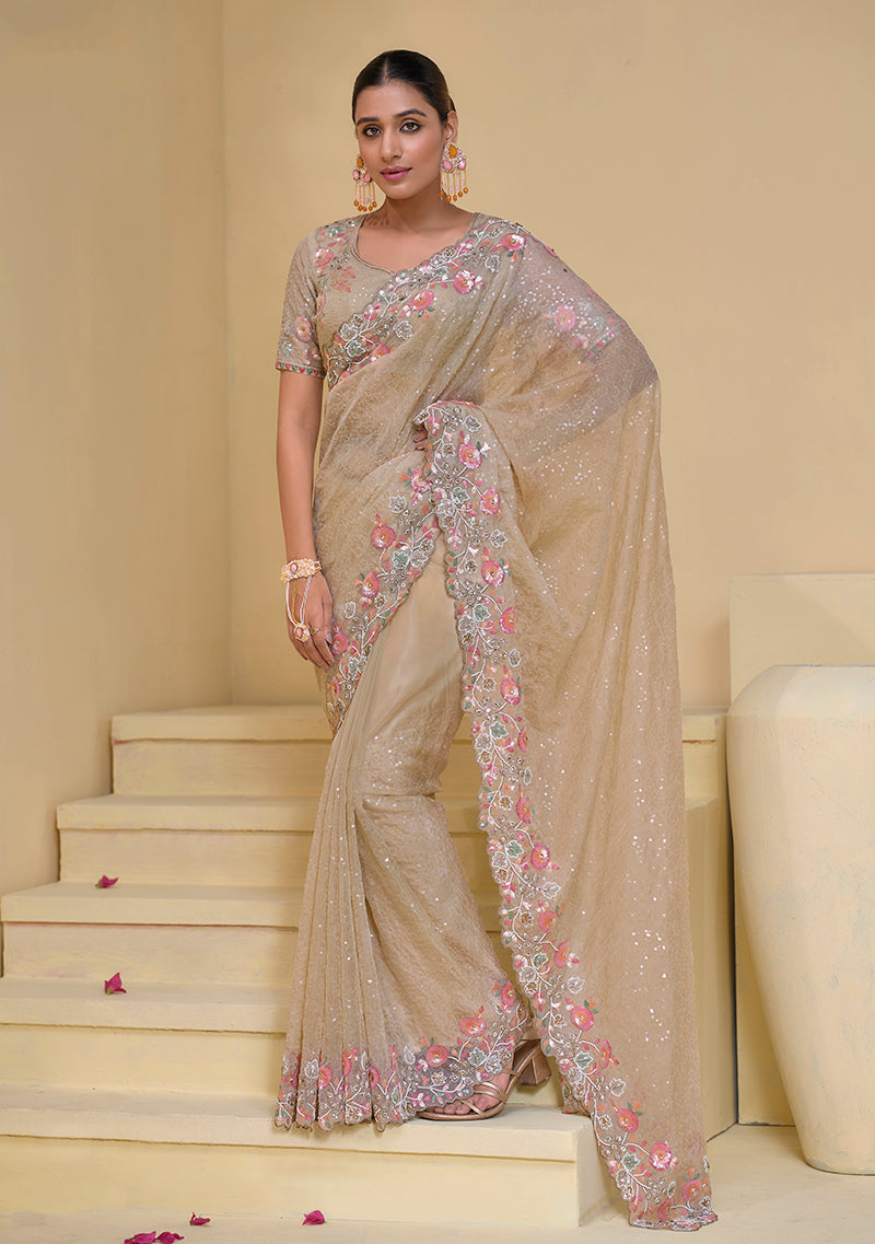 Beige Sequins Work Tissue Saree