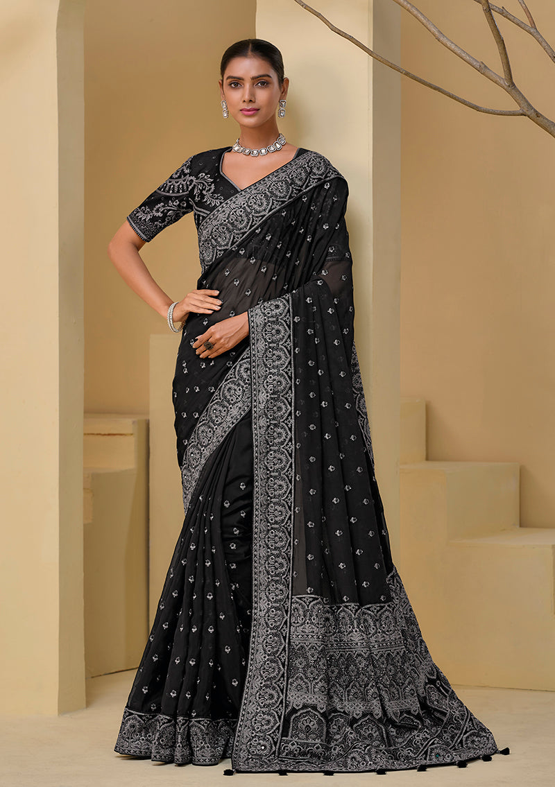 Black Mirror Work Organza Saree