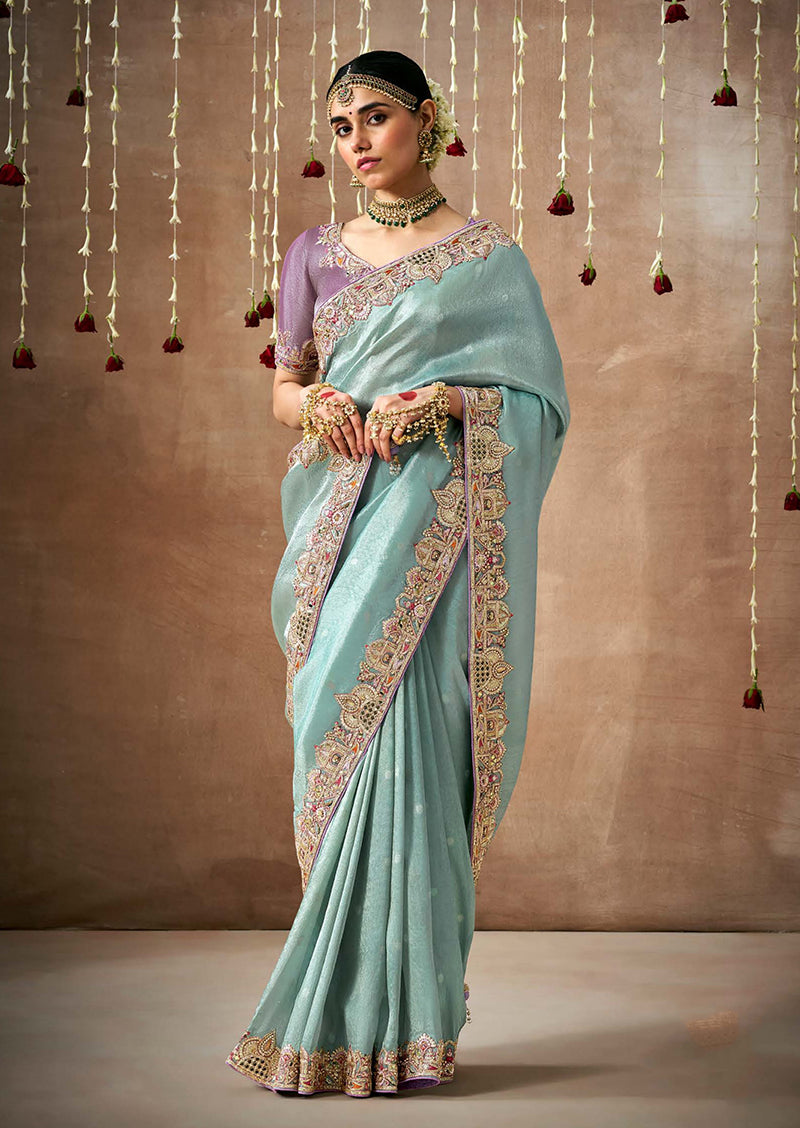 Aqua_Blue Embroidered Organza Saree