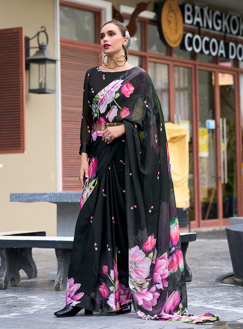 Black Floral Print Georgette Saree