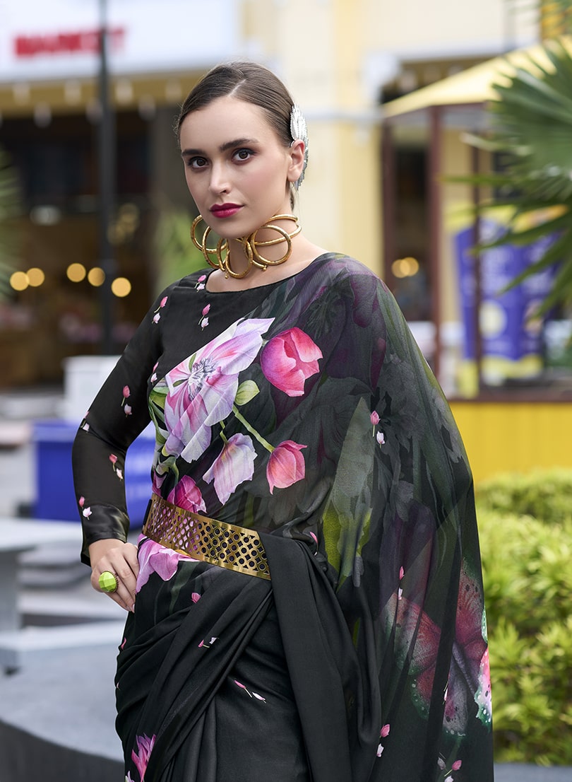 Black Floral Print Georgette Saree