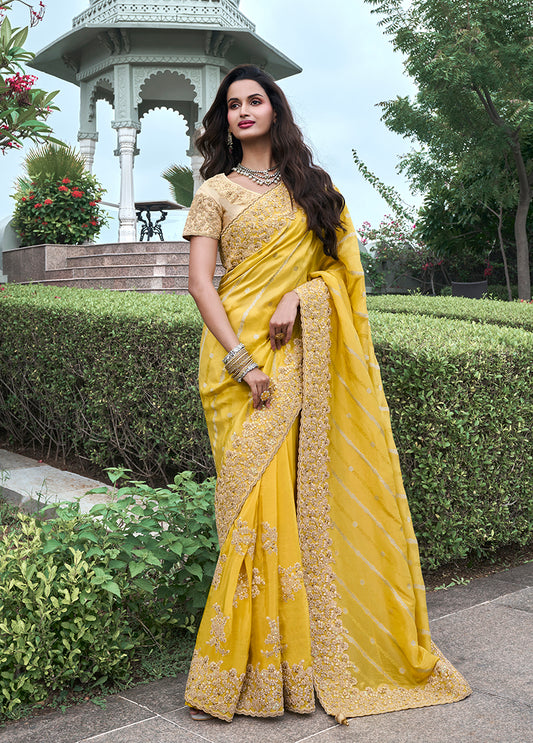 Yellow Embroidered Silk Saree